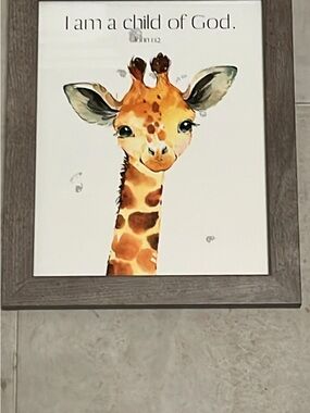 Neutral Framed Giraffe Wall Art – 'I Am a Child of God' John 1:12